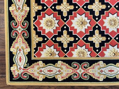 Runner Rug 4x19, Panel Design Rug, Custom Made Stark Runner Carpet, Wool, Vintage 4 x 19 Hallway Rug, European Design, Red Black Ivory Tan