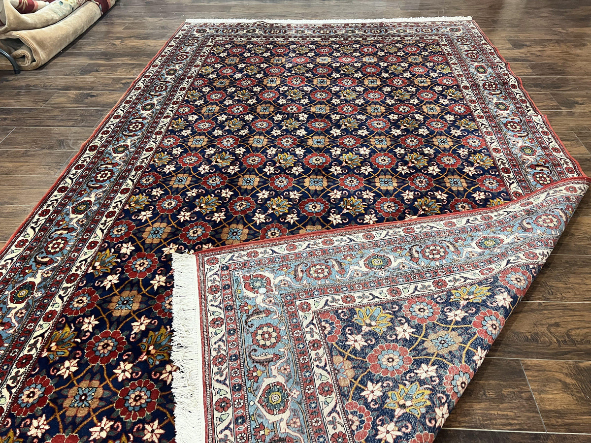 Persian Veramin Rug 7x11, Repeated Allover Pattern, Handmade Vintage Carpet, Navy Blue