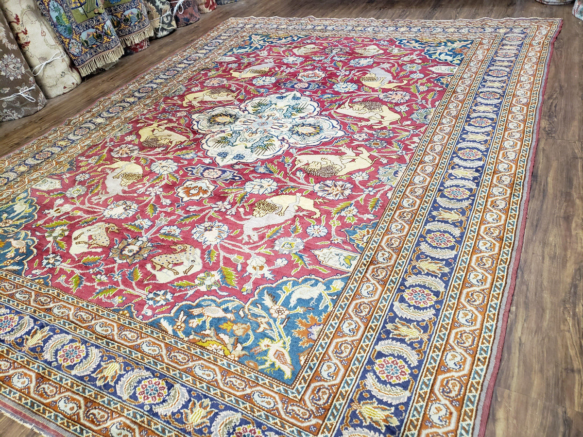 Antique Turkish Sivas Area Rug 8x11, Hand-Knotted, Vintage Red Wool Carpet, Gazelles Lions, Boteh Border, 8' x 11' Top Quality Oriental Rug