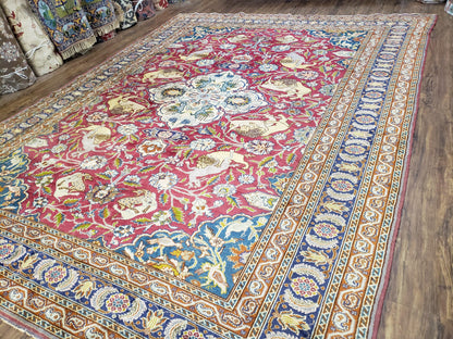 Antique Turkish Sivas Area Rug 8x11, Hand-Knotted, Vintage Red Wool Carpet, Gazelles Lions, Boteh Border, 8' x 11' Top Quality Oriental Rug