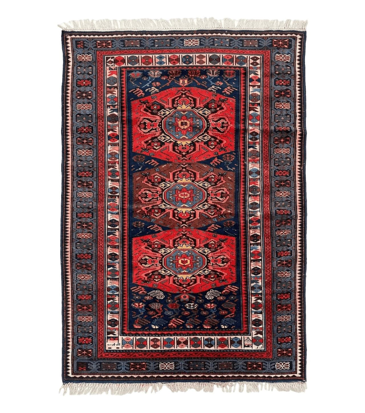 Antique Caucasian Seychour Rug 3.7 x 5.5, Collectible Oriental Carpet, Navy Blue and Red, Fine Kuba Rug, Vintage Rug, Wool Hand Knotted Rug