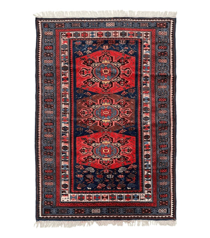 Antique Caucasian Seychour Rug 3.7 x 5.5, Collectible Oriental Carpet, Navy Blue and Red, Fine Kuba Rug, Vintage Rug, Wool Hand Knotted Rug
