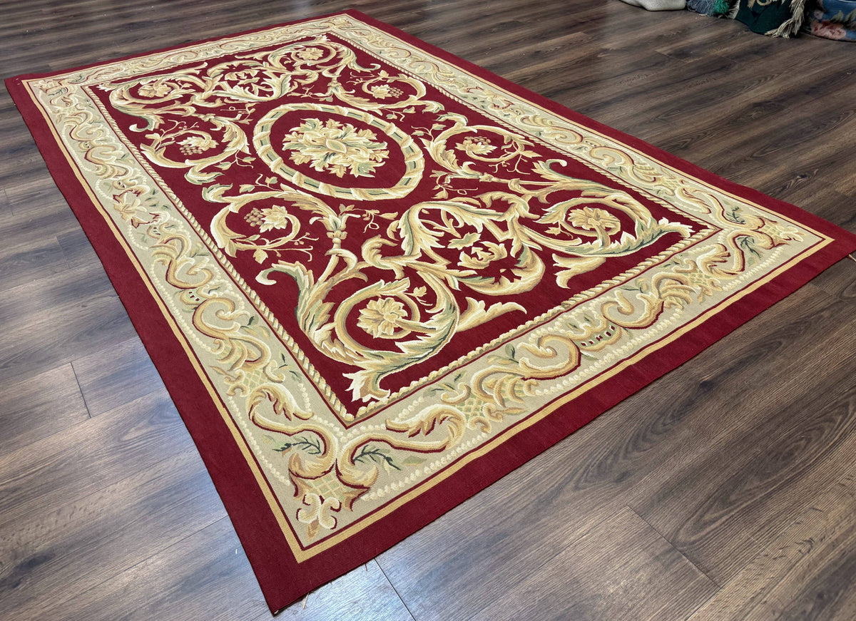 Burgundy Aubusson Rug 6x9, Vintage Wool Carpet