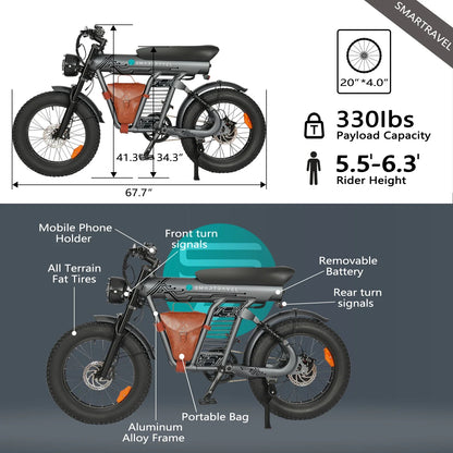 HEZZO 1200W Electric Bike - 48V Lithium Battery, Over 50km/h Speed