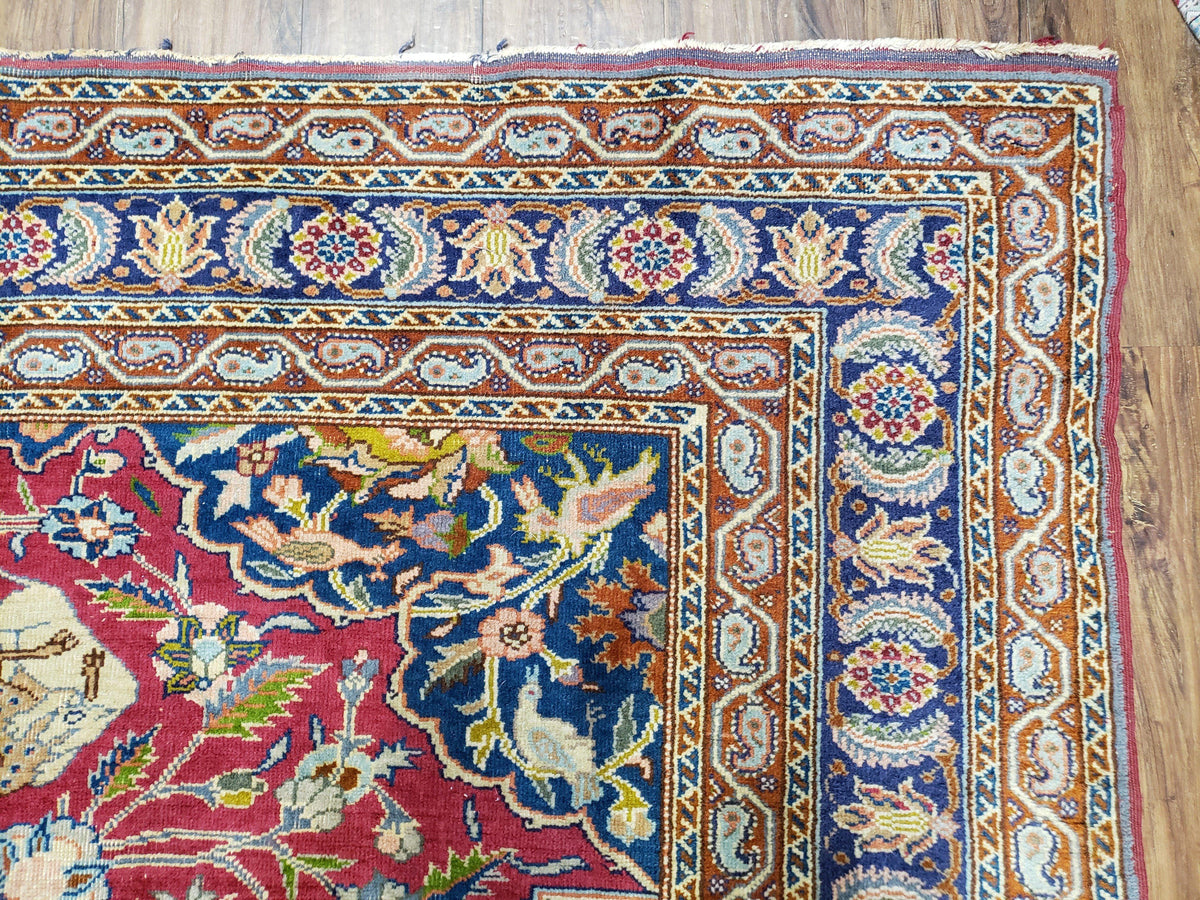 Antique Turkish Sivas Area Rug 8x11, Hand-Knotted, Vintage Red Wool Carpet, Gazelles Lions, Boteh Border, 8' x 11' Top Quality Oriental Rug