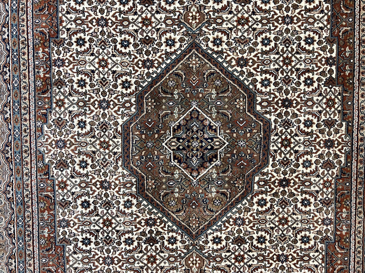Indo Persian Rug 7x10 ft, Hand Knotted Wool Vintage Oriental Carpet 7 x 10, Traditional Handmade Herati Bidjar Cream Rug, Medallion Rug