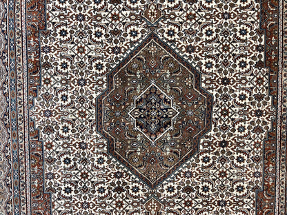 Indo Persian Rug 7x10 ft, Hand Knotted Wool Vintage Oriental Carpet 7 x 10, Traditional Handmade Herati Bidjar Cream Rug, Medallion Rug