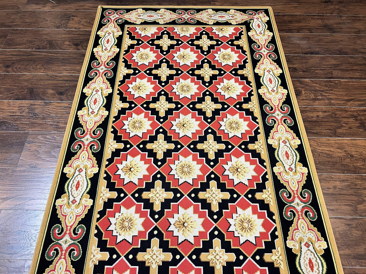 Runner Rug 4x19, Panel Design Rug, Custom Made Stark Runner Carpet, Wool, Vintage 4 x 19 Hallway Rug, European Design, Red Black Ivory Tan