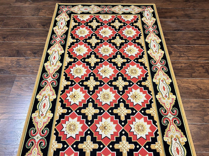 Runner Rug 4x19, Panel Design Rug, Custom Made Stark Runner Carpet, Wool, Vintage 4 x 19 Hallway Rug, European Design, Red Black Ivory Tan
