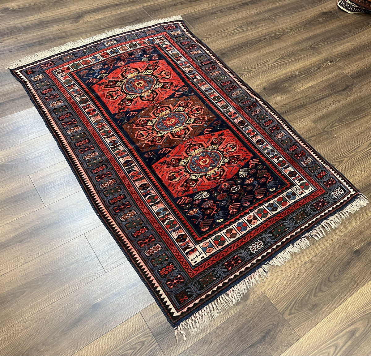 Antique Caucasian Seychour Rug 3.7 x 5.5, Collectible Oriental Carpet, Navy Blue and Red, Fine Kuba Rug, Vintage Rug, Wool Hand Knotted Rug