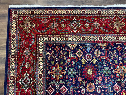 Large Persian Tabriz Rug 10x16, Navy Blue and Red, Allover Pattern, Vintage Hand Knotted Wool Carpet