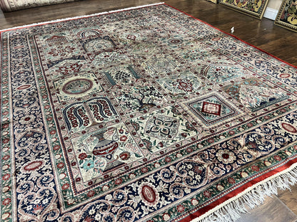 Silk Sino Persian Rug 9x12, Panel Design, Garden of Eden Pattern, Fine 200 KPSI, Hand Knotted Room Sized Silk Carpet, Vintage