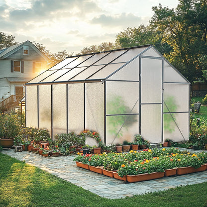 8X10Ft Outdoor Greenhouse, Heavy-Duty Walk-In Green House for Garden with Reinforced Aluminum Frame & Uv-Resistant Polycarbonate Panels