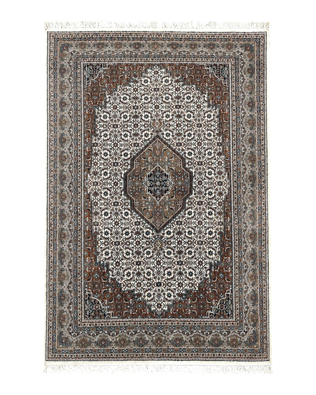Indo Persian Rug 7x10 ft, Hand Knotted Wool Vintage Oriental Carpet 7 x 10, Traditional Handmade Herati Bidjar Cream Rug, Medallion Rug