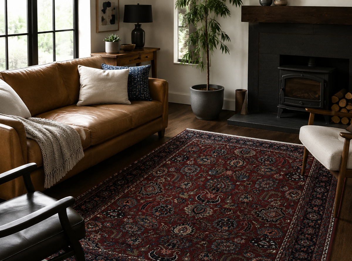 Indo Persian Rug 5x7, Vintage Traditional Floral Carpet, Burgundy and Navy Blue