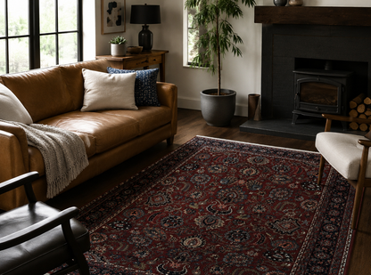 Indo Persian Rug 5x7, Vintage Traditional Floral Carpet, Burgundy and Navy Blue