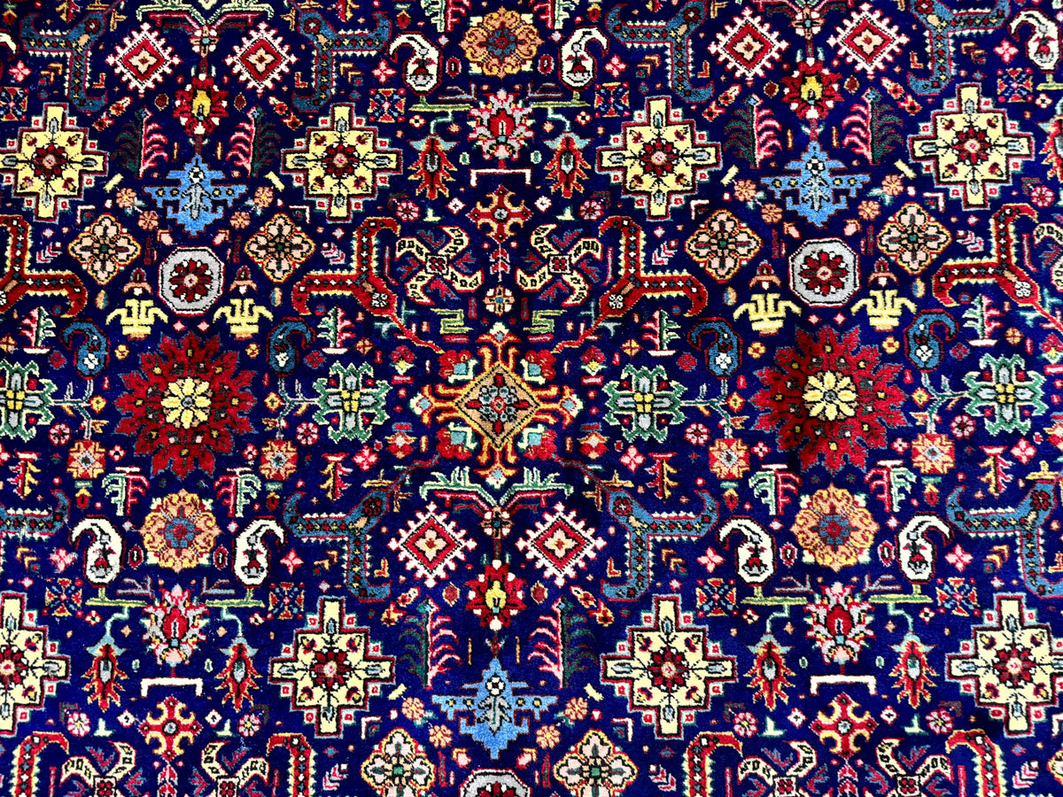 Large Persian Tabriz Rug 10x16, Navy Blue and Red, Allover Pattern, Vintage Hand Knotted Wool Carpet