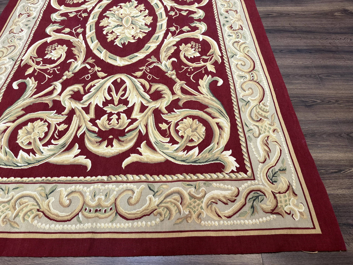 Burgundy Aubusson Rug 6x9, Vintage Wool Carpet