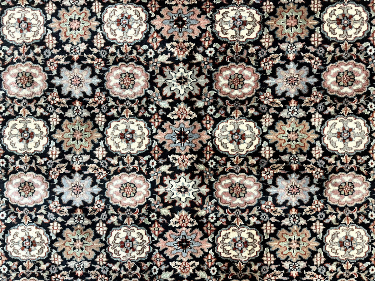 Indo Persian Rug 9x12, Vintage Handmade Wool Carpet, Repeated Allover Motif, Navy Blue and Pink