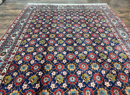 Persian Veramin Rug 7x11, Repeated Allover Pattern, Handmade Vintage Carpet, Navy Blue