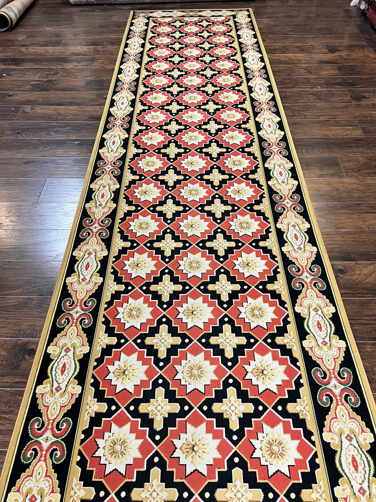 Runner Rug 4x19, Panel Design Rug, Custom Made Stark Runner Carpet, Wool, Vintage 4 x 19 Hallway Rug, European Design, Red Black Ivory Tan