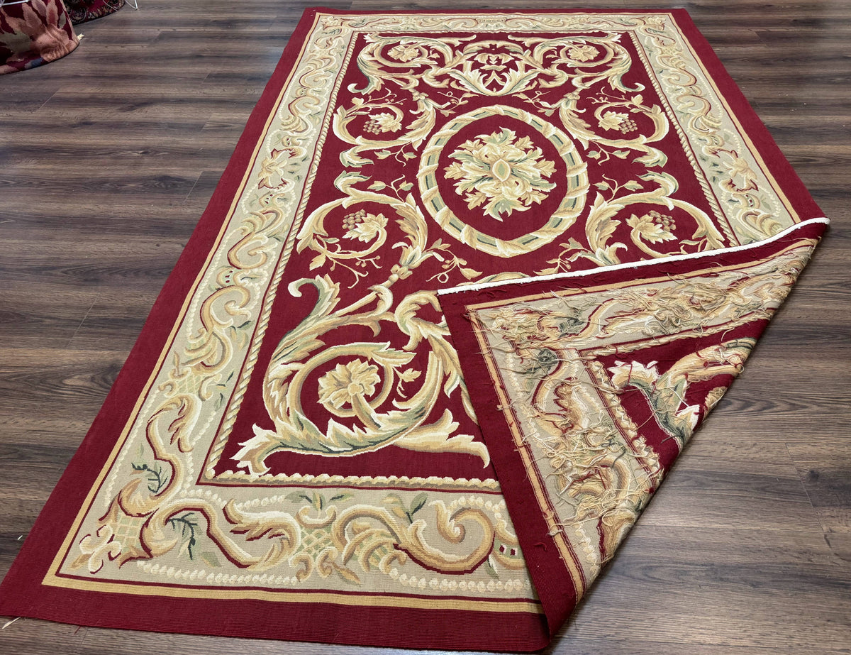 Burgundy Aubusson Rug 6x9, Vintage Wool Carpet