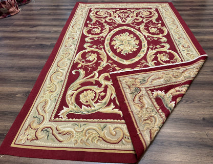 Burgundy Aubusson Rug 6x9, Vintage Wool Carpet