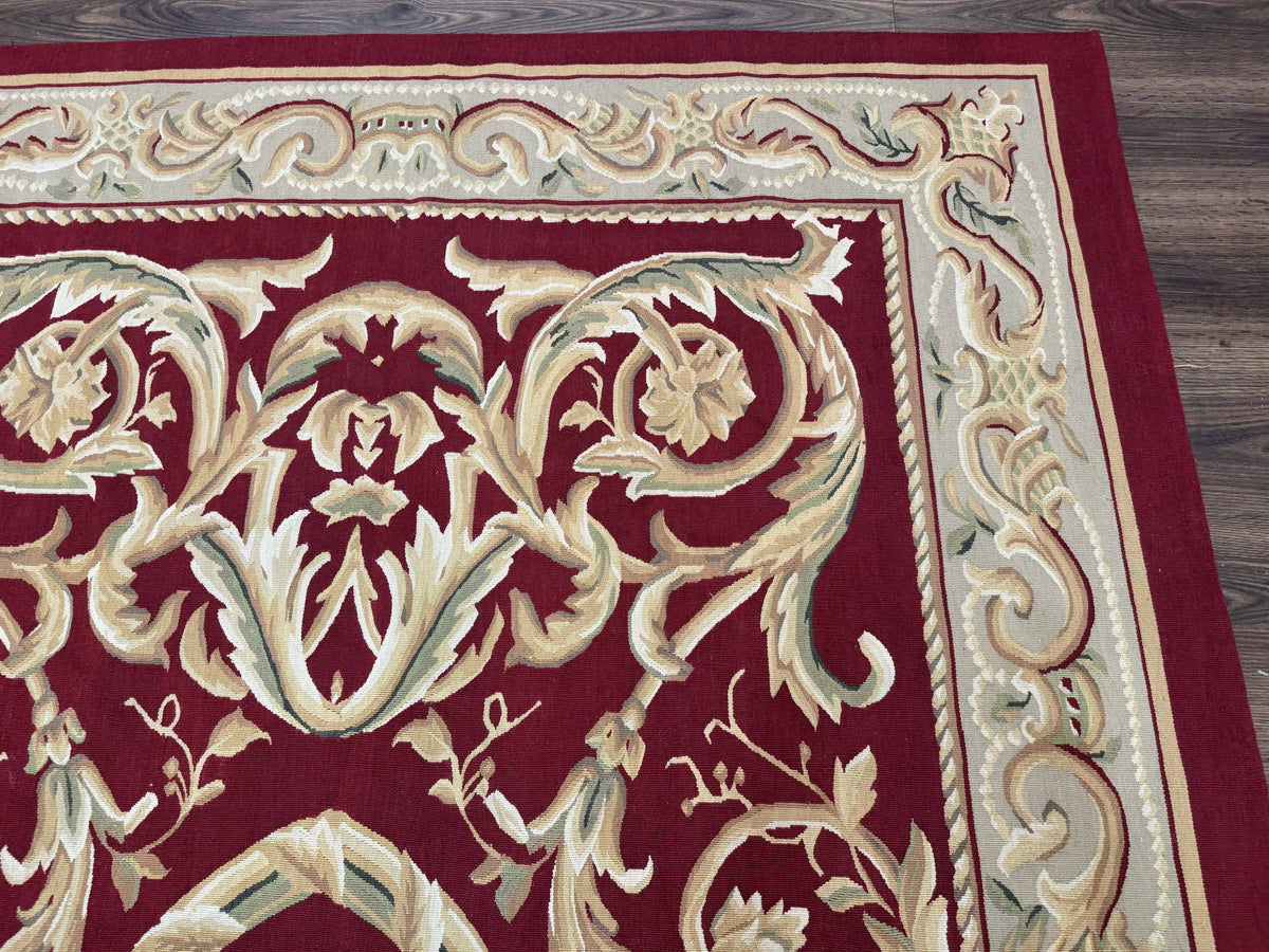 Burgundy Aubusson Rug 6x9, Vintage Wool Carpet