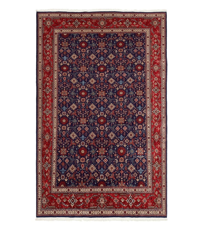 Large Persian Tabriz Rug 10x16, Navy Blue and Red, Allover Pattern, Vintage Hand Knotted Wool Carpet