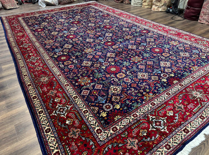 Large Persian Tabriz Rug 10x16, Navy Blue and Red, Allover Pattern, Vintage Hand Knotted Wool Carpet