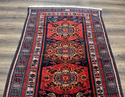 Antique Caucasian Seychour Rug 3.7 x 5.5, Collectible Oriental Carpet, Navy Blue and Red, Fine Kuba Rug, Vintage Rug, Wool Hand Knotted Rug