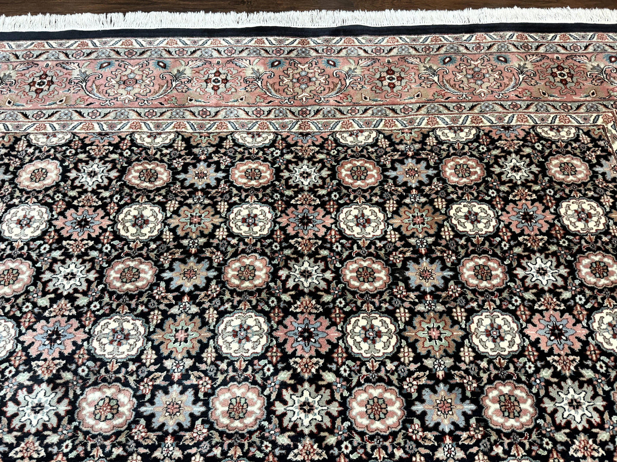 Indo Persian Rug 9x12, Vintage Handmade Wool Carpet, Repeated Allover Motif, Navy Blue and Pink