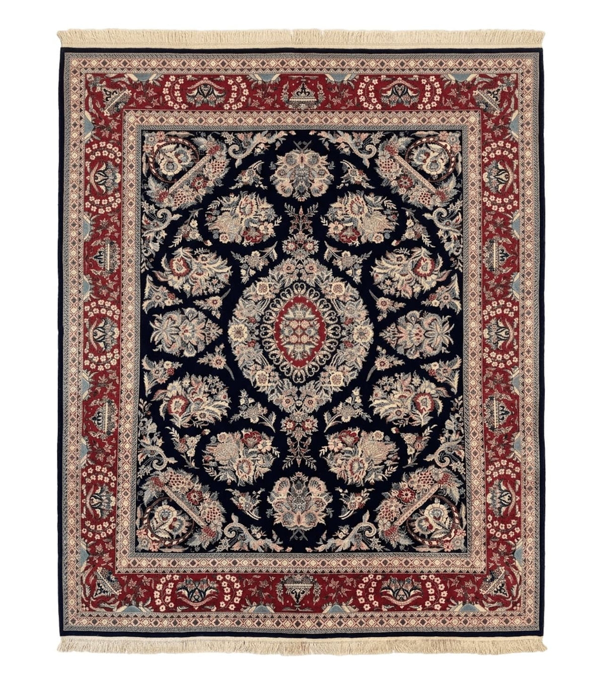Sino Persian Rug 8x10, Floral Kirman Carpet, Navy Blue and Red, Floral Vases, Handmade Vintage Wool Carpet, 320 KPSI