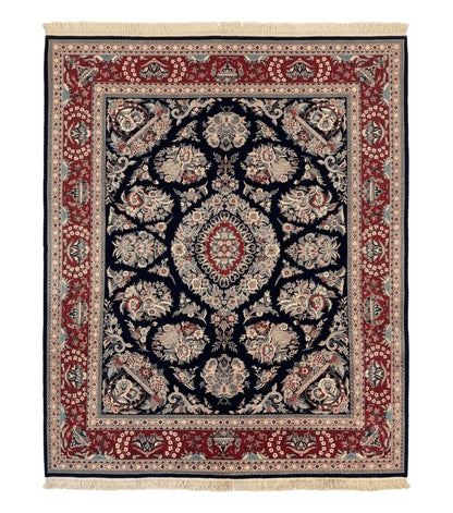 Sino Persian Rug 8x10, Floral Kirman Carpet, Navy Blue and Red, Floral Vases, Handmade Vintage Wool Carpet, 320 KPSI