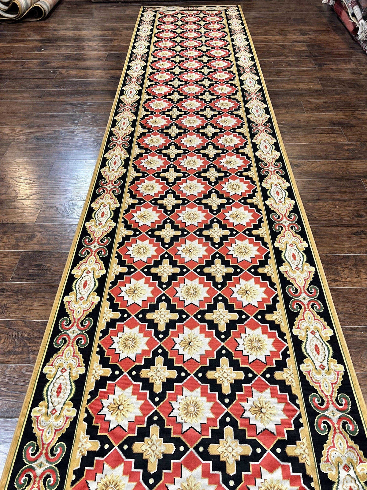 Runner Rug 4x19, Panel Design Rug, Custom Made Stark Runner Carpet, Wool, Vintage 4 x 19 Hallway Rug, European Design, Red Black Ivory Tan