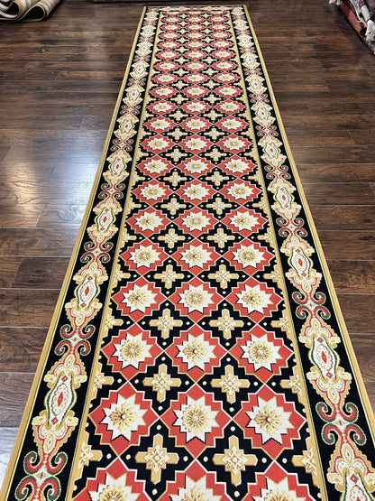Runner Rug 4x19, Panel Design Rug, Custom Made Stark Runner Carpet, Wool, Vintage 4 x 19 Hallway Rug, European Design, Red Black Ivory Tan