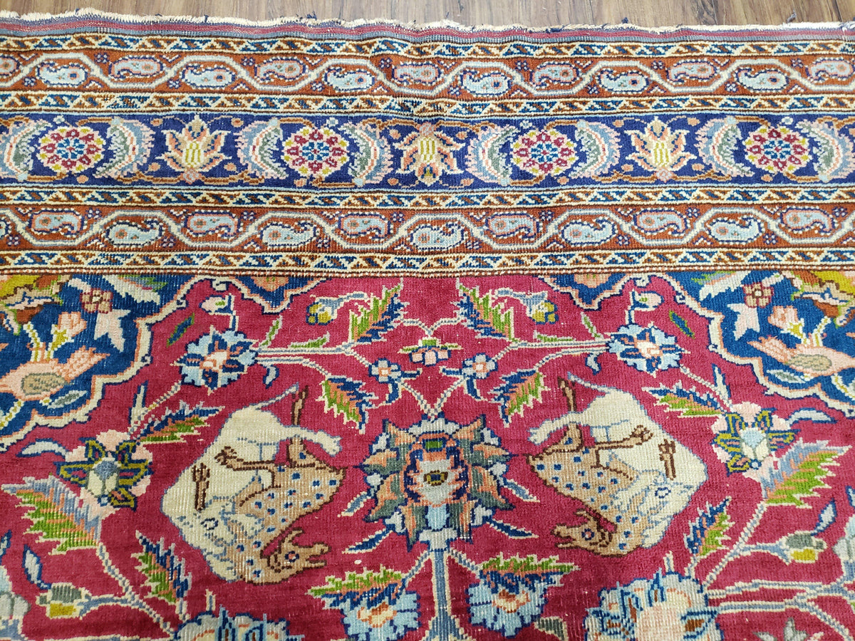 Antique Turkish Sivas Area Rug 8x11, Hand-Knotted, Vintage Red Wool Carpet, Gazelles Lions, Boteh Border, 8' x 11' Top Quality Oriental Rug