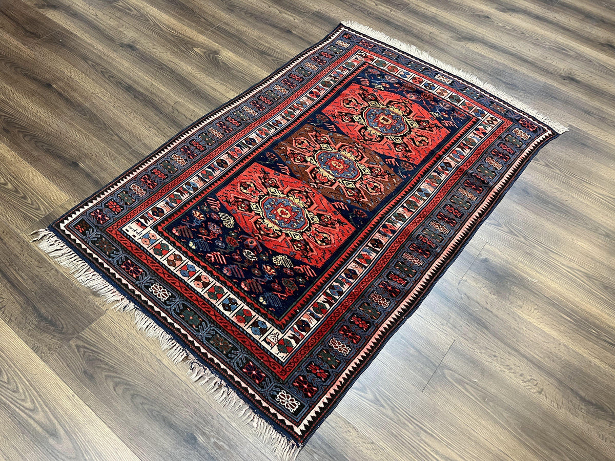 Antique Caucasian Seychour Rug 3.7 x 5.5, Collectible Oriental Carpet, Navy Blue and Red, Fine Kuba Rug, Vintage Rug, Wool Hand Knotted Rug