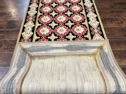 Runner Rug 4x19, Panel Design Rug, Custom Made Stark Runner Carpet, Wool, Vintage 4 x 19 Hallway Rug, European Design, Red Black Ivory Tan