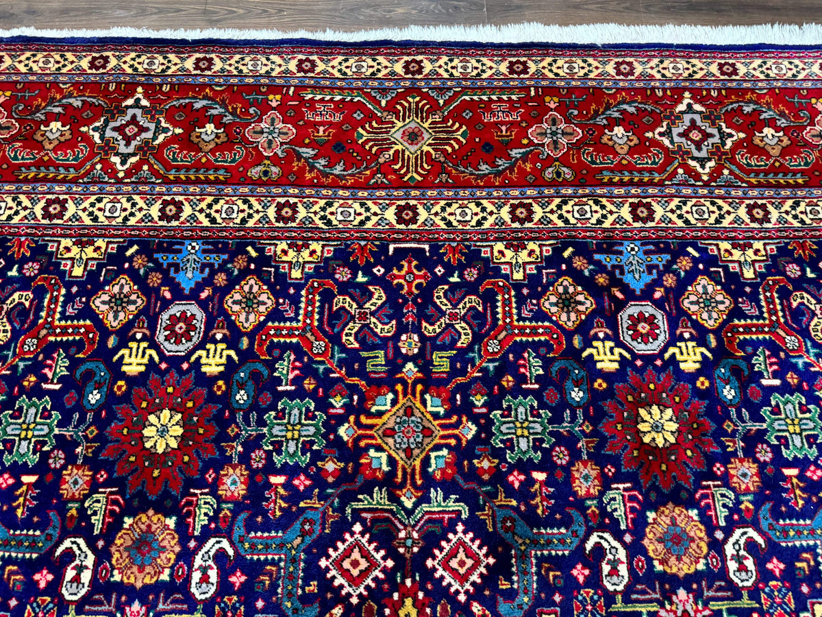 Large Persian Tabriz Rug 10x16, Navy Blue and Red, Allover Pattern, Vintage Hand Knotted Wool Carpet