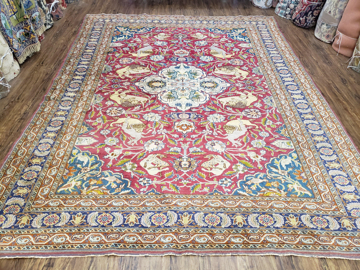 Antique Turkish Sivas Area Rug 8x11, Hand-Knotted, Vintage Red Wool Carpet, Gazelles Lions, Boteh Border, 8' x 11' Top Quality Oriental Rug