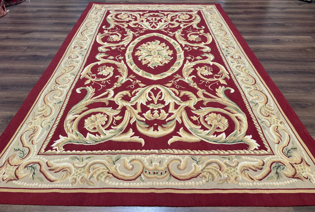 Burgundy Aubusson Rug 6x9, Vintage Wool Carpet
