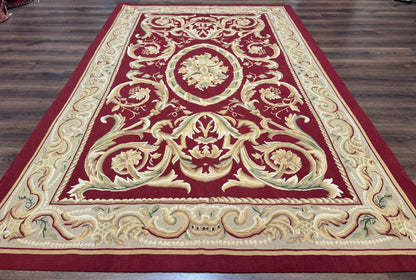 Burgundy Aubusson Rug 6x9, Vintage Wool Carpet