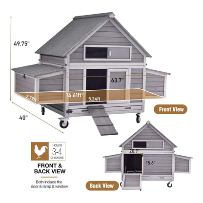Large 63-Inch Movable Wooden Hen House With Wheels And Nesting Box (SAK50791)