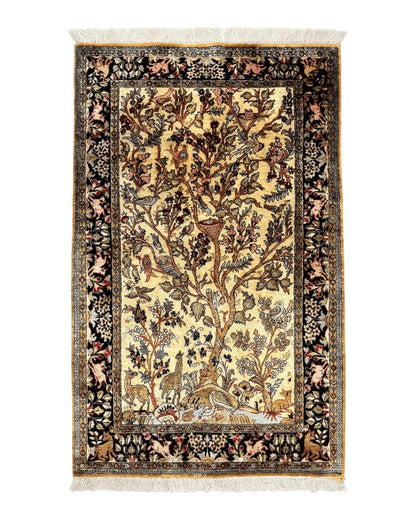 Silk Tree of Life Persian Qum Rug 3x4, Hand Knotted Vintage Carpet, Cream & Black, Very Fine Oriental Rug, Animal Pictorials, Birds