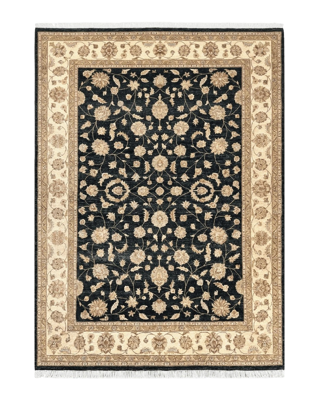 Indo Persian Rug 10x14, Charcoal and Beige, Floral Allover, Handmade Vintage Wool Carpet