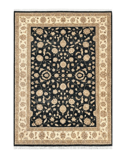 Indo Persian Rug 10x14, Charcoal and Beige, Floral Allover, Handmade Vintage Wool Carpet